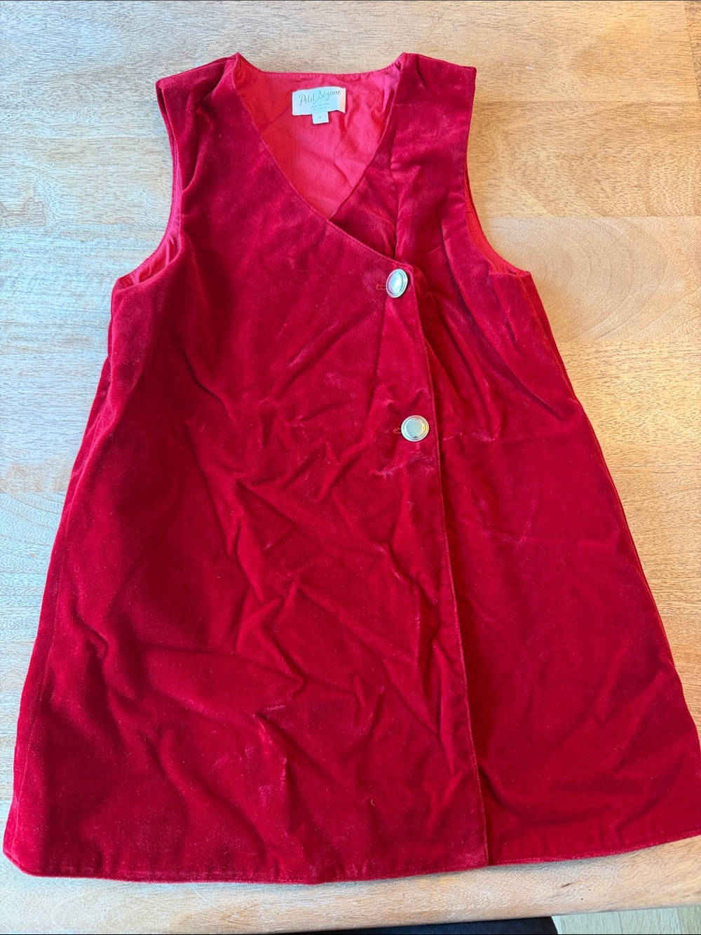 Sézane Red Velvet Sleeveless Kids Dress with Decorative Buttons